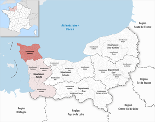 瑟堡区在诺曼底大区（黑框区）与芒什省（淡红色）的位置