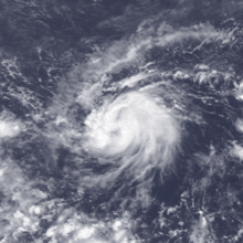 A satellite image of a tropical depression on the cusp of becoming a tropical storm over the Central Pacific Ocean