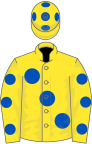 Yellow, large royal blue spots, royal blue spots on sleeves, yellow cap, royal blue spots