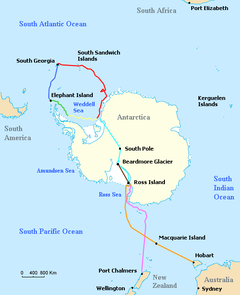 Outline of Antarctica coast, with different lines indicating the various journeys made by ships and land parties during the Imperial Trans-Antarctic Expedition