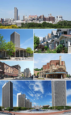 图片依序为伦斯勒、奥尔巴尼的中产阶级房屋、宫殿剧院、帝国广场、北珍珠街以及纽约州立大学奥本尼分校
