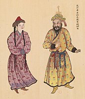 Uyghur chieftain from Wushi, Kucha and Aksu, with his wife. Huang Qing Zhigong Tu, 1769.[206]