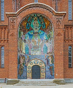 Maiolica mural at Resurrection church by masters of Abramtsevo Colony in Vichuga (1880s)