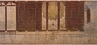 尼公在东大寺大佛前前祈祷。从画中可以看到刚建寺时大佛和大殿的样子