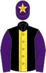 Black, yellow stripe, purple sleeves, purple cap, yellow star