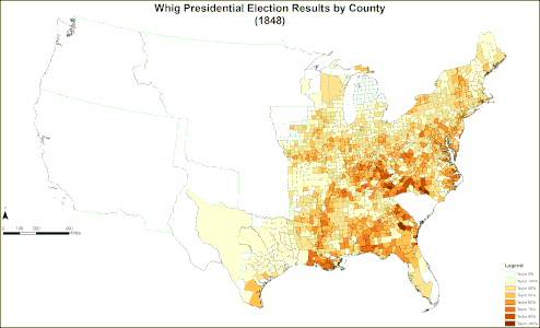 Map of Whig presidential election results by county