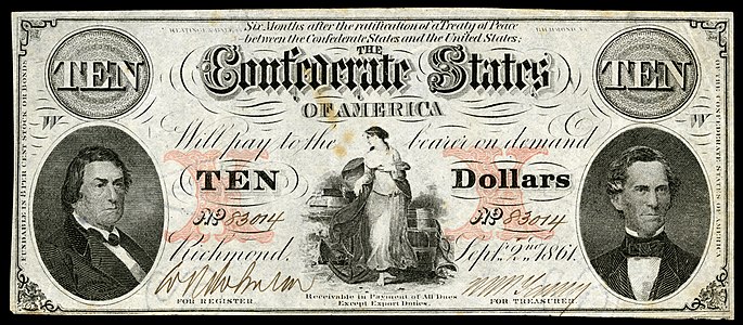 Ten Confederate States dollar (T26), by Keatinge & Ball