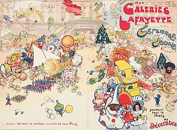 Lithograph of toys at Galeries Lafayette department store (1907)