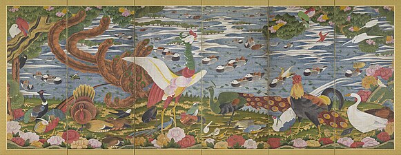 Juka Choju-zu Byobu (樹花鳥獣図屏風, Birds and Animals in the Flower Garden (left panel))