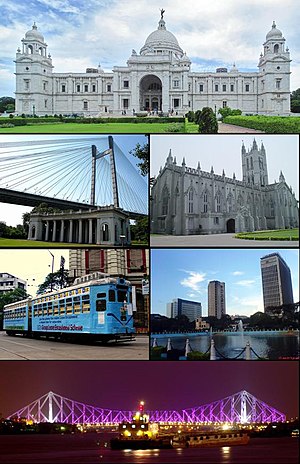 Clockwise from top: Victoria Memorial, St. Paul's Cathedral, Central Business District, Rabindra Setu, City Tram Line, Vidyasagar Setu