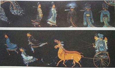 A lacquerware painting from the Jingmen Tomb (Chinese: 荊門楚墓; Pinyin: Jīngmén chǔ mù) of the State of Chu (704–223 BC), depicting men wearing precursors to Hanfu (i.e. traditional silk dress) and riding in a two-horsed chariot