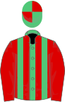 Emerald green and red stripes, red sleeves, quartered cap