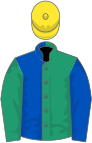 Emerald green and royal blue (halved), sleeves reversed, yellow cap