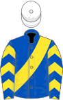 ROYAL BLUE, yellow sash, yellow chevrons on sleeves, white cap