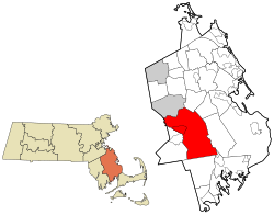 米德尔伯勒在普利茅斯县及马萨诸塞州的位置（以红色标示）