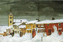 Efter snestorm, Lillegaten Røros, oil painting by Harald Sohlbeg from 1904 (titled After the snowstorm, Røros sidestreet)