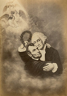 A drawing of George Washington hugging Lincoln in the clouds with angels in the background.