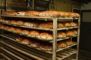 12. The hot loaves are placed on a wheeled baker's rack to cool.