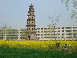 Pagoda in Xinzheng with Soviet architecture in the background
