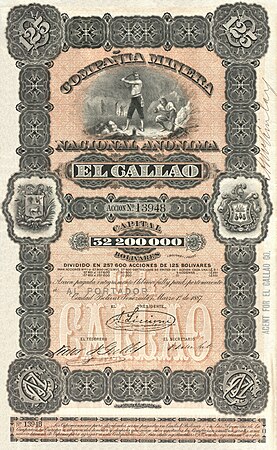 矿业公司Compañia Minera El Callao于1887年3月1日在玻利瓦尔城（委内瑞拉）发行的125玻利瓦尔股票，图形设计采用地下采矿场景，并用徽章和字母组成纹饰。