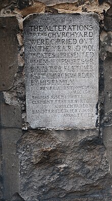 The alterations to this churchyard were carried out in the year AD1901. The gates were presented in memory of Profes[s]or Banister Flether past churchwarden by his family....