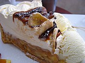 Banoffee pie is an English dessert pie made from bananas, cream and toffee from boiled condensed milk (or dulce de leche), either on a pastry base or one made from crumbled biscuits and butter.