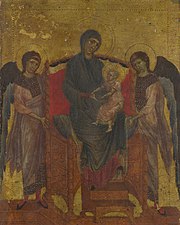 在早期文艺复兴时期，婴儿耶稣有时被描绘成粉红色，这与基督的身体有关。这幅作品是Cimabue的带有两个天使的圣母和圣子（1265–1280）。