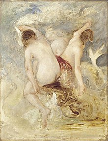 three nude women on a rock, with a sea serpent coiling around the rock.