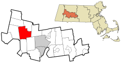 切斯特菲尔德在汉普夏县及马萨诸塞州的位置（以红色标示）