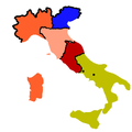 Italy in 1860: orange Kingdom of Sardinia, blue Kingdom of Lombardy–Venetia (Austrian Empire), pink United Provinces of Central Italy, red Papal States, pale green Kingdom of Two Sicilies