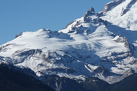 Fryingpan Glacier in October 2008 (foreground, in front of the triangle peak of Little Tahoma)