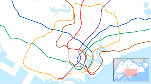 A map of the Singapore rail system, with a color for each line and a red dot highlighting the location of HarbourFront station in southern Singapore.