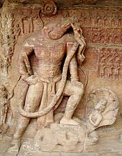 c. 400 CE Vishnu in his Varaha or man-boar avatar rescuing goddess earth. Udayagiri Caves. Reign of Chandragupta II.[140]