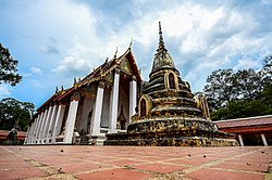 Ubosot (main hall) and chedi (pagoda) of Wat Khanon a local ancient temple