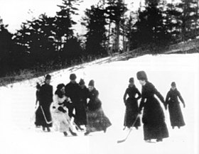 Wome playing ice hockey, circa late nineteenth century