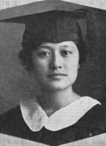 A young Asian woman wearing a mortar board cap