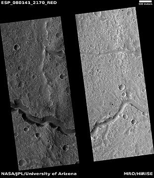 Wide view of channel as seen by HiRISE under HiWish program. Much erosion is visible in places. Since July 23, 2023, HiRISE observations have lacked data from the RED4 CCD due to a hardware issue, creating a gap in the middle of image products.