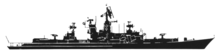 Black profile of a warship with radar
