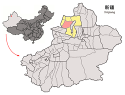 Location of Toli County (red) within Tacheng Prefecture (yellow) and Xinjiang