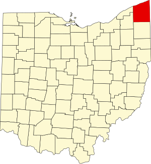 Map of Ohio highlighting Ashtabula County