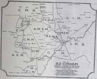 Map of Sichuan showing division of the field by seven Protestant mission societies: ABM, AMEM, CIM, CMM, CMS, FFMA, and LMS