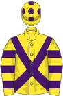 Yellow, purple cross belts, hooped sleeves and spots on cap