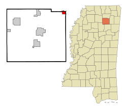 謝爾曼在龐托托克縣及密西西比州的位置（以紅色標示）