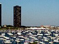 A zoom-in photo of a boat dock on Lake Michigan in Chicago.