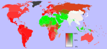 Map showing the relative proportion of Christianity (red) and Islam (green) in each country as of 2006