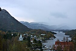 View of Eivindvik, including Gulen Church and the Gulafjorden