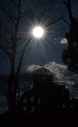 High noon sun over the Genbaku Dome silhouette on 13 February 2017.