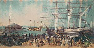 "The Bay and Harbor of New York" by Samuel Waugh (1814–1885), depicting the arrival of the Junk Keying in New York harbour in July 1847 (watercolor on canvas, c.1853–1855, Museum of the City of New York).