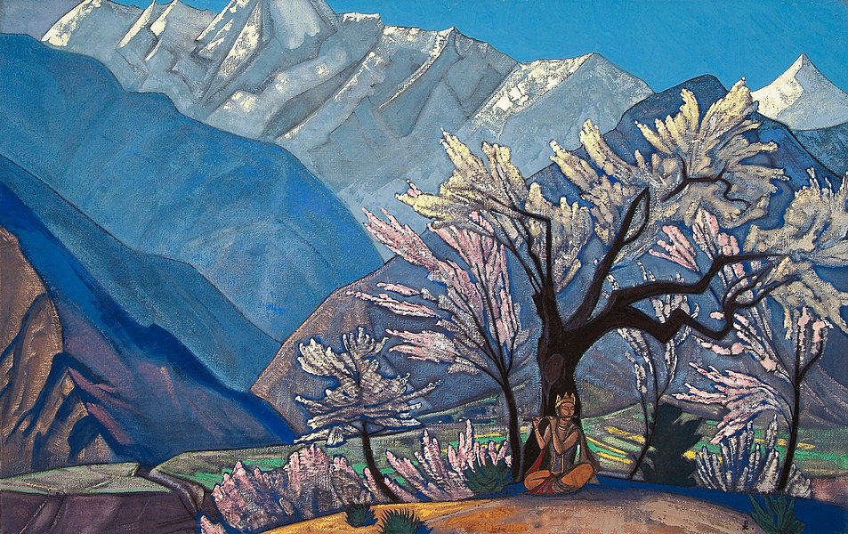 Another quote from Craik: "I think, at any day throughout his long reign, the King would sooner have lost his crown than have lost sight of the Beautiful Mountains." (Painting Krishna. Spring in Kulu, by Russian artist and lawyer Nicholas Roerich (Никола́й Константи́нович Ре́рих), circa 1930)