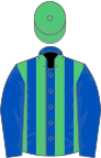 Royal blue and emerald green stripes, blue sleeves, green cap